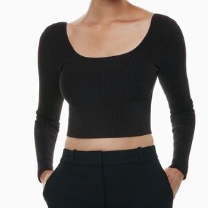 Aritzia Babaton Black Sculpt Knit Square Neck Cropped Long Sleeve Crop Top XS